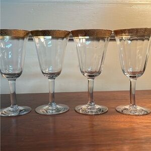 4 Vintage Tiffin-Franciscan Art Deco Gold-Rimmed Rambler Rose Water Goblets
